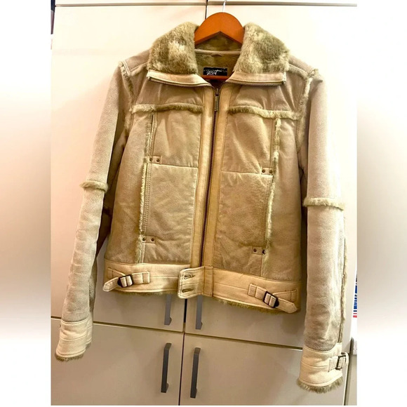 Beige black Rivet Womens Suede Leather Aviator Design Jacket/ Coat Faux Fur S - Picture 1 of 11